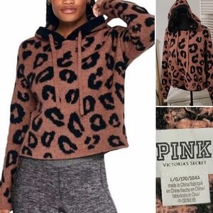 VS Pink Fuzzy Leopard Crooped Hoodie